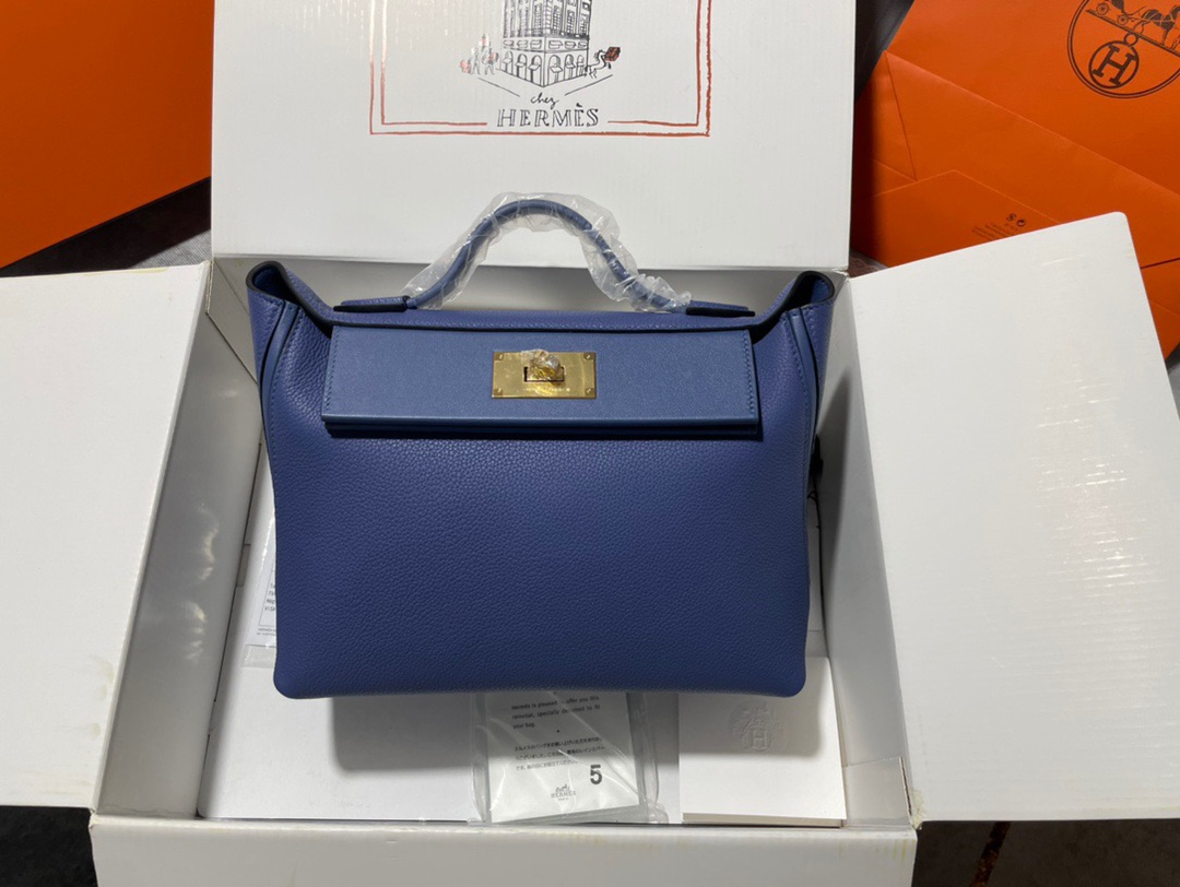 Hermes Kelly 2424 29cm Handbag in Blue Thalassa Clemence Leather 